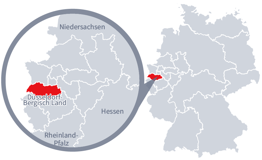 Diese Grafik zeigt eine Karte von Deutschland mit einer detaillierten Ansicht der Region Düsseldorf-BergischLand. Düsseldorf-BergischLand ist in Rot hervorgehoben und liegt im westlichen Teil Deutschlands. Ein Lupensymbol vergrößert diesen Bereich, um die Lage genauer darzustellen.