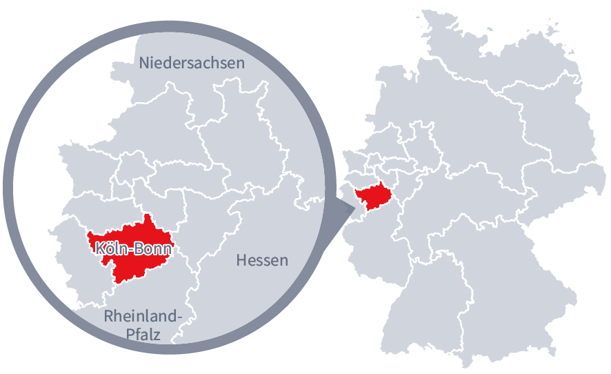 Diese Grafik zeigt eine Karte von Deutschland mit einer detaillierten Ansicht der Region Köln-Bonn. Köln-Bonn ist in Rot hervorgehoben und liegt im westlichen Teil Deutschlands. Ein Lupensymbol vergrößert diesen Bereich, um die Lage genauer darzustellen.