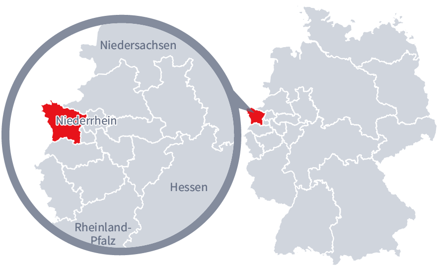Diese Grafik zeigt eine Karte von Deutschland mit einer detaillierten Ansicht der Region Niederrhein. Niederrhein ist in Rot hervorgehoben und liegt im westlichen Teil Deutschlands. Ein Lupensymbol vergrößert diesen Bereich, um die Lage genauer darzustellen.